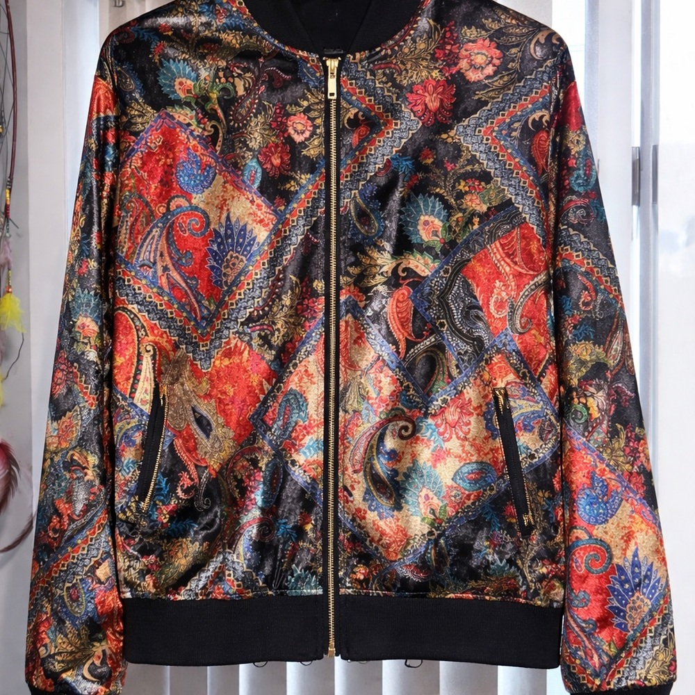 Zara Black Floral Paisley Satin Bomber Jacket with Gold Zip